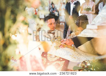 Wedding Couple Bide And Groom Get Married In A Church.