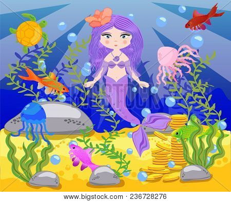 Vector Background With An Underwater World In A Children's Style. A Mermaid Is Sitting On A Rock. Wo