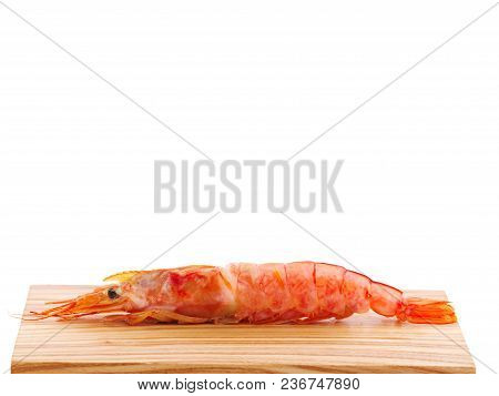Argentine Red Shrimp On A Wooden Bred. Shrimp And Lemon Flatlay