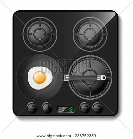 Vector 3d Realistic Gas Stove, Black Cooktop, Hob With Four Circle Burners, With Frying Pan And Eggs