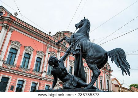 Horse Tamer Sculpture On Anichkov Bridge In Saint Petersburg