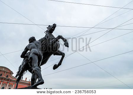 Horse Tamer Sculpture On Anichkov Bridge In Saint Petersburg