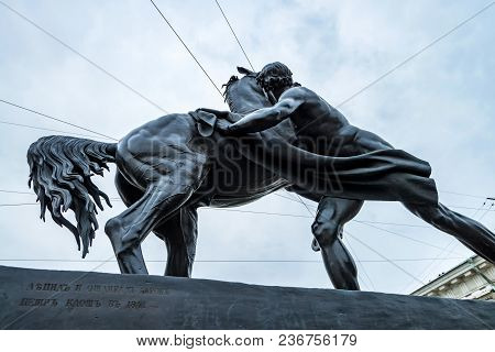 Horse Tamer Sculpture On Anichkov Bridge In Saint Petersburg