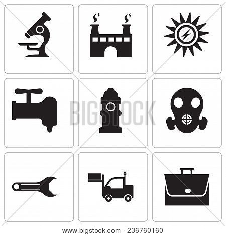 Set Of 9 Simple Editable Icons Such As Bag, Lorry, Adjustable Wrench, Respirator, Fire Hydrant, Cran