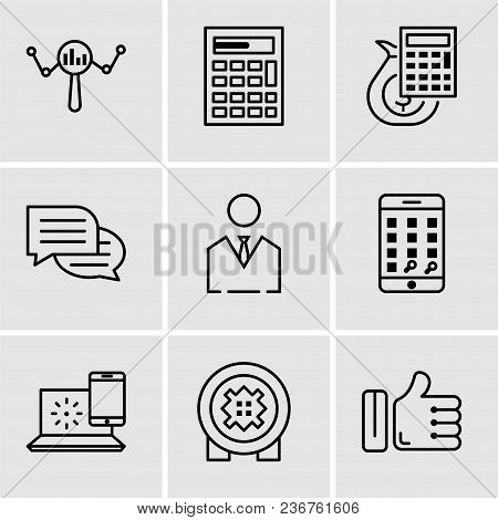 Set Of 9 Simple Editable Icons Such As Like, Bank Safe, Internet, Telephone, Business Man, Chat, Mon