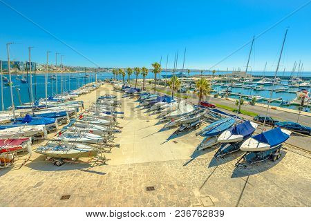 Cascais, Portugal - August 6, 2017: Yacht And Motor Boats At Cascais Marina. The Marina Is Located U