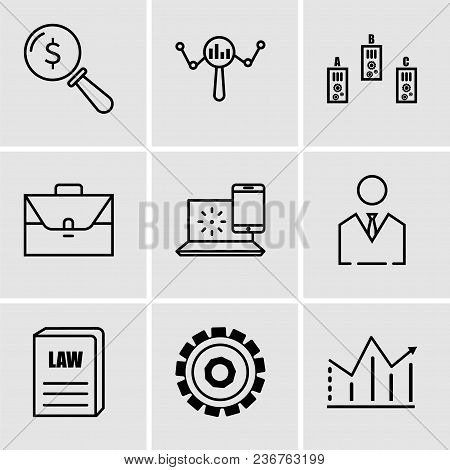 Set Of 9 Simple Editable Icons Such As Statistic, Setting, Law Book, Business Man, Internet, Portfol