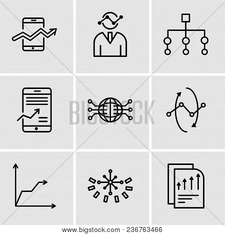 Set Of 9 Simple Editable Icons Such As Bars Chart Page, Data Analytics Circular, Triangular Pyramid,