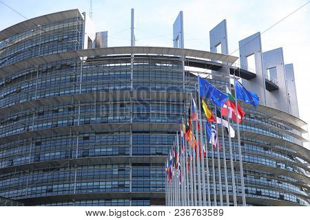 Strasbourg, France - April 18, 2018: Eu Members Flags In Front Of The European Parliament Building I