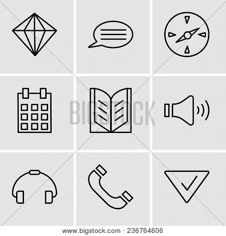 Set Of 9 Simple Editable Icons Such As Check Mark, Headphones, Telephone Handle, Mute Speakers, Open