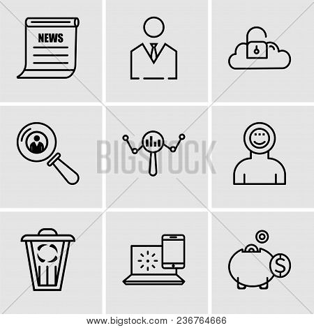Set Of 9 Simple Editable Icons Such As Money Box, Internet, Trash, Astronaut, Search, Search Person,