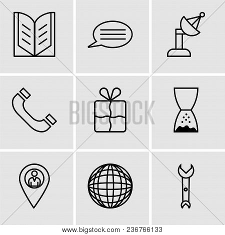 Set Of 9 Simple Editable Icons Such As Wrench, International Globe, Location Pointer, Hand Pointing 