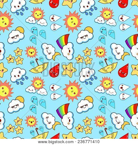 Kawaii Weather Icons. Colored Vector Seamless Pattern On Blue Background Flat Design Vector Illustra