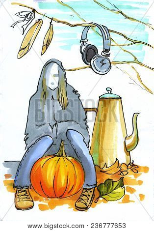 The Person Sits On A Log. Nearby Pumpkin, Teapot. From Branches Earphones And Feathers Hang Down