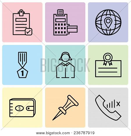 Set Of 9 Simple Editable Icons Such As Slow Network, Nail, Purse, Postcard, Business Woman, Winner, 