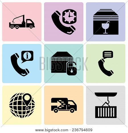 Set Of 9 Simple Editable Icons Such As Container Hanging Of A Crane, Logistics Truck, International 