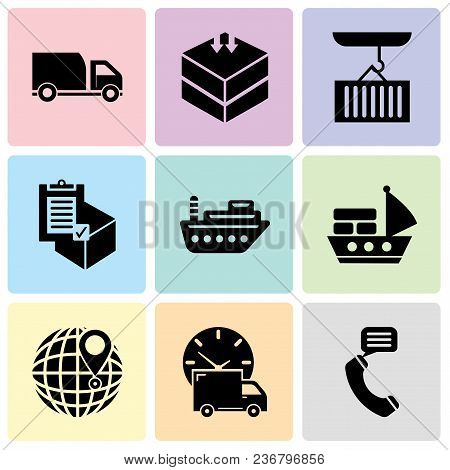 Set Of 9 Simple Editable Icons Such As Talking By Phone Auricular, Logistics Delivery Truck And Cloc