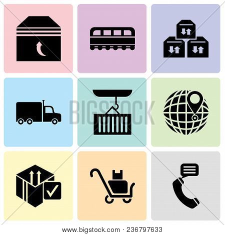 Set Of 9 Simple Editable Icons Such As Talking By Phone Auricular, Delivery Packages On A Trolley, D