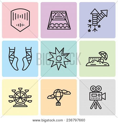 Set Of 9 Simple Editable Icons Such As Video Camera, Hot Air Balloon, Ferris Wheel, Sand, Walk Of Fa
