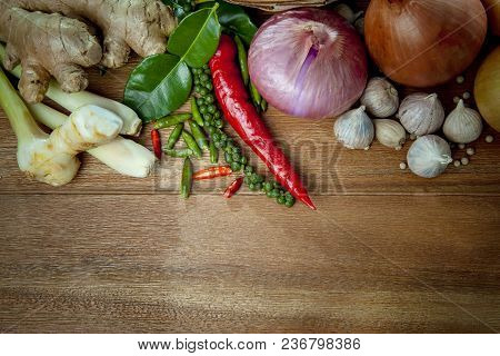 Thai Spicy Food On Top Of Wood Table