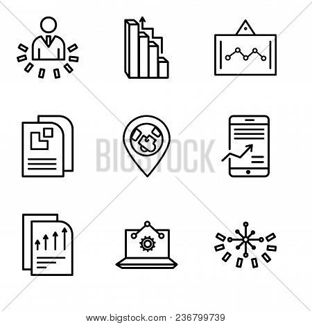 Set Of 9 Simple Editable Icons Such As Data Analytics Circular, Laptop Analysis, Bars Chart Page, Mo