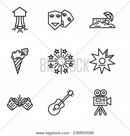 Set Of 9 Simple Editable Icons Such As Video Camera, Guitar, Beer, Walk Of Fame, Fireworks, Ice Crea