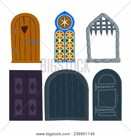 Set Of Old Doors, Wooden, Iron, Antique, Oriental, Castle Gate. Vector Flat Illustration In Cartoon 