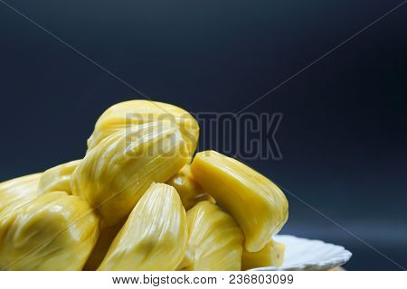 Fresh Jackfruit Slices On A White Plate. Sweet Yellow Jackfruit Ripe. Vegetarian, Vegan, Raw Food. E
