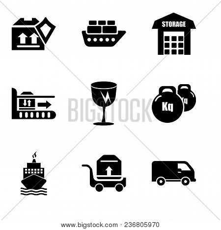 Set Of 9 Simple Editable Icons Such As Black Delivery Small Truck Side View, Package Transportation 
