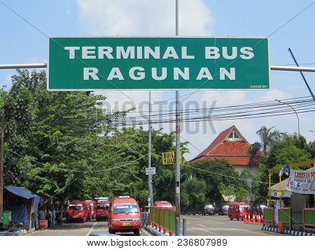 Jakarta, Indonesia - March 24, 2017: Terminal Bus Ragunan (ragunan Bus Station) Near The Entrance Ga