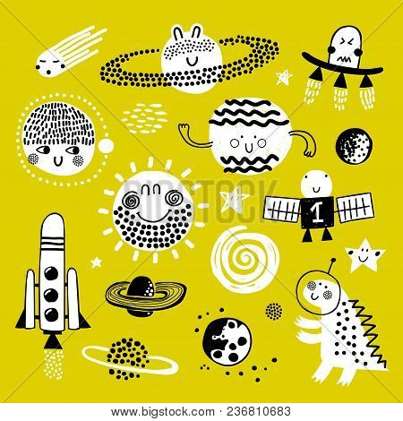Hand Drawn Doodle Cosmic Space: Planets, Stars, Ufo, Funny Black Hole, Comets. Cosmos. Black And Whi