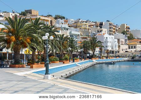 Sitia, Crete, Greece, June 11, 2917: Seaport Of Sitia Town With Moored Traditional Greek Fishing Boa