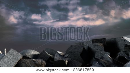 Dark bricks in pile with cityscape