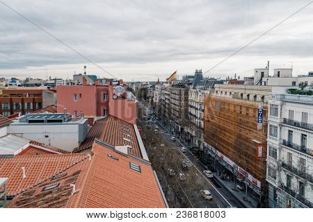 Madrid, Spain - April 7, 2018: High Angle View Of Serrano Street In Salamanca District A Cloudy Day.