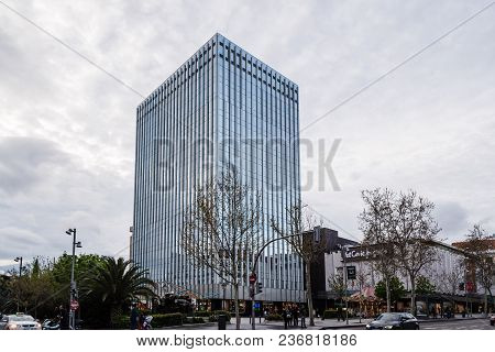 Madrid, Spain - April 15, 2018:  Serrano Street In Salamanca District A Cloudy Day. Salamanca Is Wel