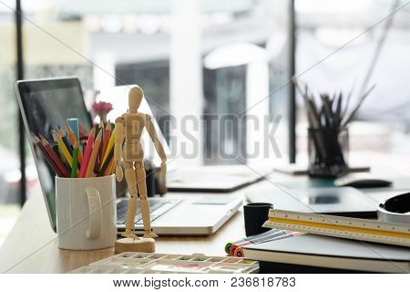 Artist Workplace With Office Supplies Object On Desk.