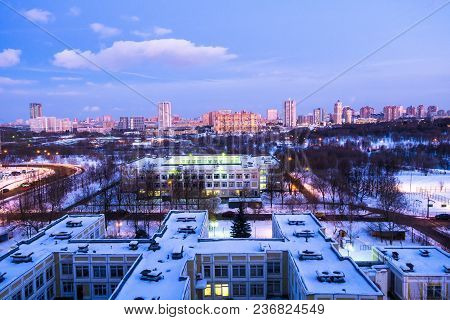 Evening Winter View Of The Environmentally Friendly Comfortable Residential District In Moscow. Busi