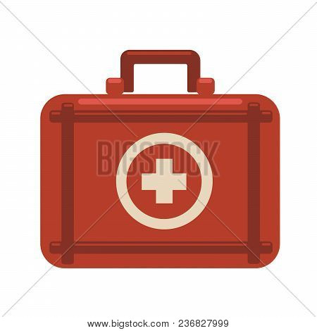 First Aid Kit. Red Medicine Chest With White Cross. Vector Flat Icon Illustration, Isolated Image On