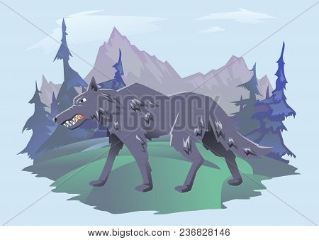 Gray Angry Wolf Walking On The Mountain Landscape. Vector Horizontal Flat Illustration On Cyan Backg