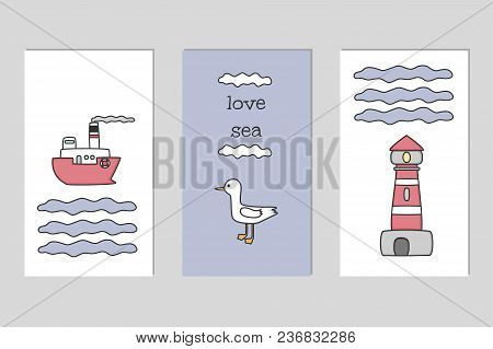 Set Of 3 Cute Creative Cards Templates With Marine Theme Design. Vector Illustration. Hand Drawn Car
