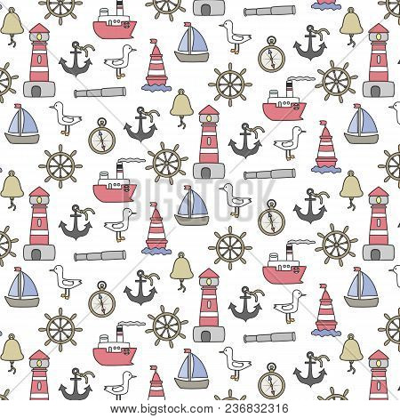 Cartoon Nautical Seamless Pattern On White Background. Vector Illustration.