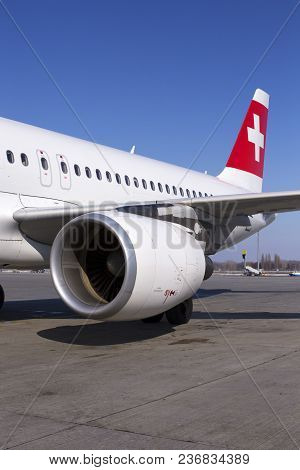 Borispol, Ukraine - March 26, 2018: Engine Of The Modern Passenger Jet Aircraft. Editorial Use Only