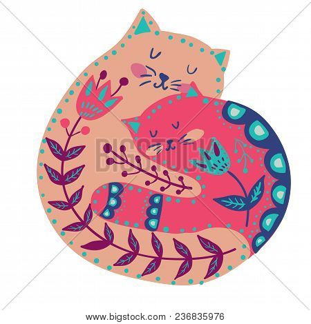 Art Watercolor Illustration With Beautiful Cat In Pattern And Flowers, Folk Stule. Poster For Decora