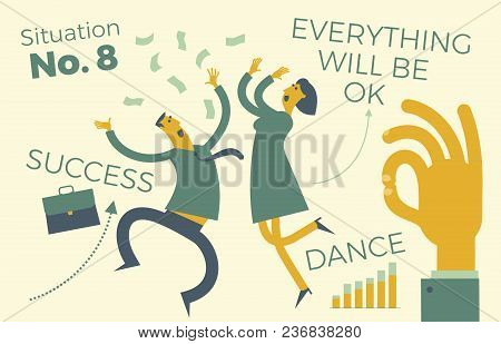 Business Infographics With Illustrations Of Business Situations. A Man And A Woman Dance And Rejoice