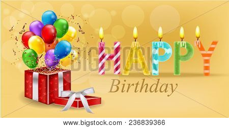Party Invitation Card With Giftbox And Balloons Vector. Happy Birthday Text. Celebrate Events Banner