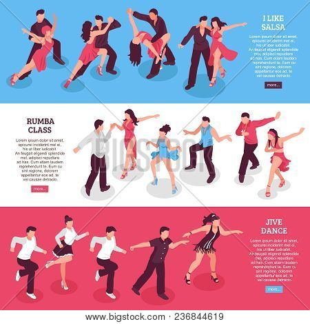 Dance Set Of Horizontal Isometric Banners With Rumba Class, People During Salsa, Jive Isolated Vecto