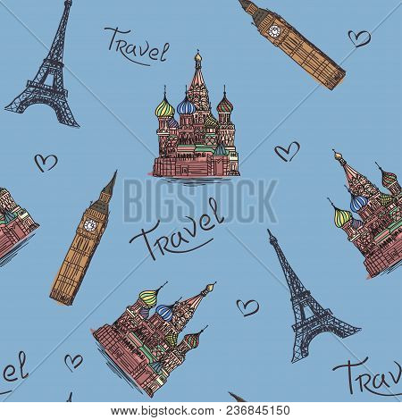 Travels. Vector Illustration With Images Of Sights Of Moscow, London And Paris. Seamless Pattern.