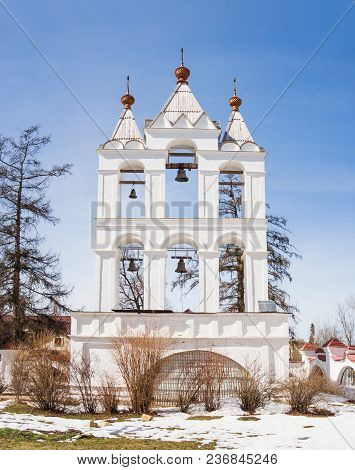 Moscow, Russia - April 8, 2018. Ancient Bell Tower Of Transfiguration Cathedral In Bolshie Vyazyomy 