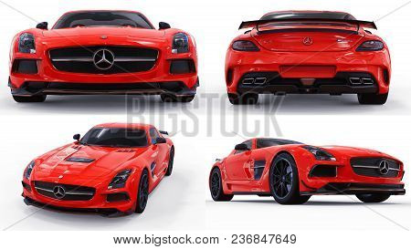 Set Mercedes-benz Sls Red. Three-dimensional Raster Illustration. Isolated Car On White Background. 