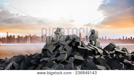 Broken concrete stone with money symbol in cityscape